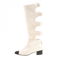 Chanel Off White Tweed Cutout Cap Toe Knee High Boots Size 37.5