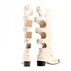 Chanel Off White Tweed Cutout Cap Toe Knee High Boots Size 37.5