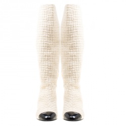 Chanel Off White Tweed Cutout Cap Toe Knee High Boots Size 37.5
