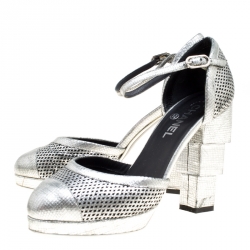 Pre Owned Chanel Metallic Silver Laser Cut Leather CC Platform Sandals Size 39.5