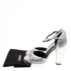 Pre Owned Chanel Metallic Silver Laser Cut Leather CC Platform Sandals Size 39.5