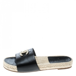Chanel Black Leather Coco Mark Flat Espadrille Slides Size 36