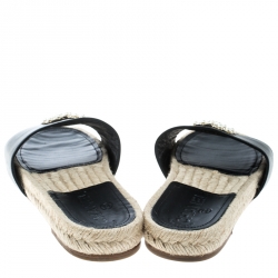 Chanel Black Leather Coco Mark Flat Espadrille Slides Size 36