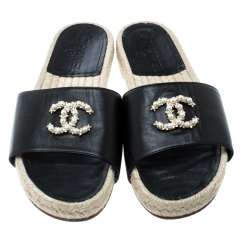 Chanel Black Leather Coco Mark Flat Espadrille Slides Size 36