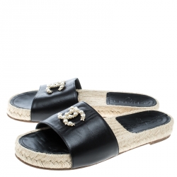 Chanel Black Leather Coco Mark Flat Espadrille Slides Size 36