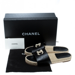 Chanel Black Leather Coco Mark Flat Espadrille Slides Size 36