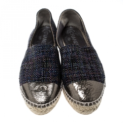 Pre Owned Chanel Black Metallic Tweed and CC Patent Leather Cap Toe Espadrilles Size 40