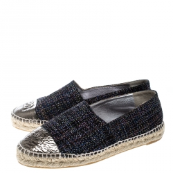 Pre Owned Chanel Black Metallic Tweed and CC Patent Leather Cap Toe Espadrilles Size 40