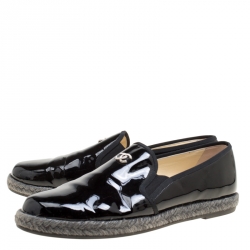Pre Owned Chanel Black Patent Leather Flattie CC Logo Espadrille Loafers Size 39.5