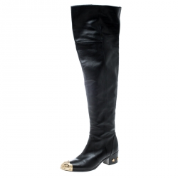 Chanel Black Leather Paris Dallas Metal Cap Toe Thigh High Boots Size 40  Chanel
