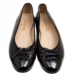  Chanel Black Leather CC Patent Cap Toe Bow Ballet Flats Size 41