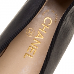  Chanel Black Leather CC Patent Cap Toe Bow Ballet Flats Size 41