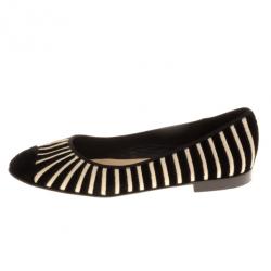 Pre Owned Chanel Black Velvet Striped Ballet Flats Size 39.5