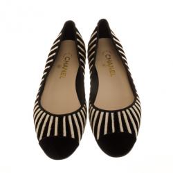 Pre Owned Chanel Black Velvet Striped Ballet Flats Size 39.5