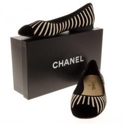 Pre Owned Chanel Black Velvet Striped Ballet Flats Size 39.5