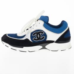 Pre Owned Chanel Black, White & Blue Lace Up Sneakers Size 38.5