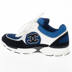 Pre Owned Chanel Black, White & Blue Lace Up Sneakers Size 38.5