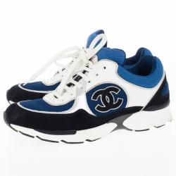 Pre Owned Chanel Black, White & Blue Lace Up Sneakers Size 38.5