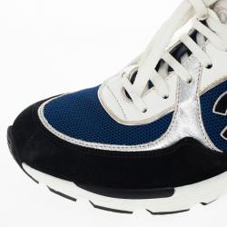 Pre Owned Chanel Black, White & Blue Lace Up Sneakers Size 38.5