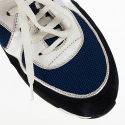 Pre Owned Chanel Black, White & Blue Lace Up Sneakers Size 38.5