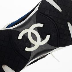 Pre Owned Chanel Black, White & Blue Lace Up Sneakers Size 38.5