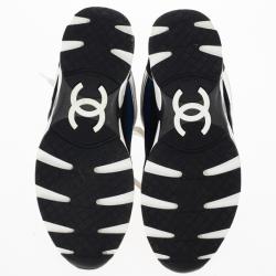 Pre Owned Chanel Black, White & Blue Lace Up Sneakers Size 38.5