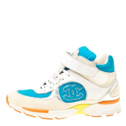 Pre Owned Chanel Multicolor Nylon And Leather CC Logo Lace Up Sneakers Size 39