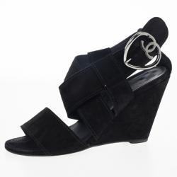 Pre Owned Chanel Black Suede Heart "CC" Buckle Wedge Sandals Size 38.5