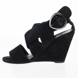 Pre Owned Chanel Black Suede Heart "CC" Buckle Wedge Sandals Size 38.5