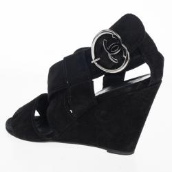 Pre Owned Chanel Black Suede Heart "CC" Buckle Wedge Sandals Size 38.5