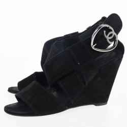 Pre Owned Chanel Black Suede Heart "CC" Buckle Wedge Sandals Size 38.5