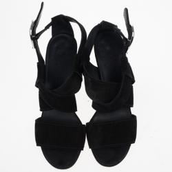 Pre Owned Chanel Black Suede Heart "CC" Buckle Wedge Sandals Size 38.5