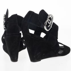 Pre Owned Chanel Black Suede Heart "CC" Buckle Wedge Sandals Size 38.5