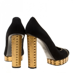 Pre Owned  Chanel Black Suede and Gold Platform Pumps Size 40.5