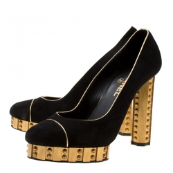 Pre Owned  Chanel Black Suede and Gold Platform Pumps Size 40.5