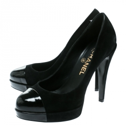 Pre Owned Chanel Black Suede and Black Patent Leather Cap Toe Platform Pumps Size 37
