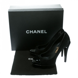 Pre Owned Chanel Black Suede and Black Patent Leather Cap Toe Platform Pumps Size 37
