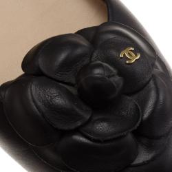 Pre Owned Chanel Black Leather Camelia Flower Ballet Flats Size 39