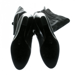 Pre Owned Chanel Black Leather Wedge Heel Over The Knee Boots Size 39.5