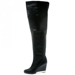 Pre Owned Chanel Black Leather Wedge Heel Over The Knee Boots Size 39.5