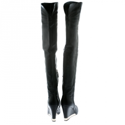 Pre Owned Chanel Black Leather Wedge Heel Over The Knee Boots Size 39.5