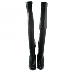 Pre Owned Chanel Black Leather Wedge Heel Over The Knee Boots Size 39.5