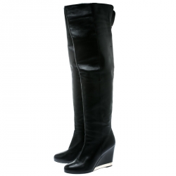 Pre Owned Chanel Black Leather Wedge Heel Over The Knee Boots Size 39.5