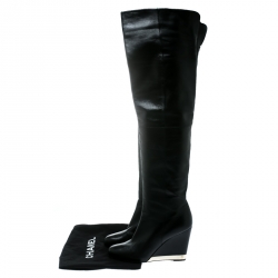Pre Owned Chanel Black Leather Wedge Heel Over The Knee Boots Size 39.5