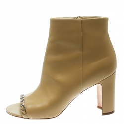 Chanel Beige Leather Open Toe CC Heel Ankle Booties Size 37.5