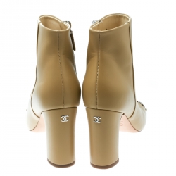 Chanel Beige Leather Open Toe CC Heel Ankle Booties Size 37.5