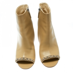 Chanel Beige Leather Open Toe CC Heel Ankle Booties Size 37.5