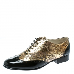 Chanel Metallic Gold And Black Patent Brogue Leather Lace-Up Oxford Size 39.5