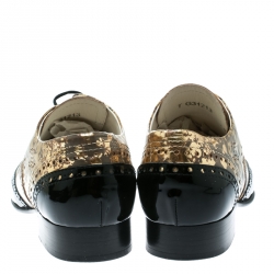 Chanel Metallic Gold And Black Patent Brogue Leather Lace-Up Oxford Size 39.5