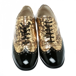 Chanel Metallic Gold And Black Patent Brogue Leather Lace-Up Oxford Size 39.5
